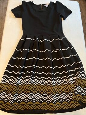 LuLaRoe Amelia Elegance Collection Black & Gold Patterned Fit-and Flare Dress